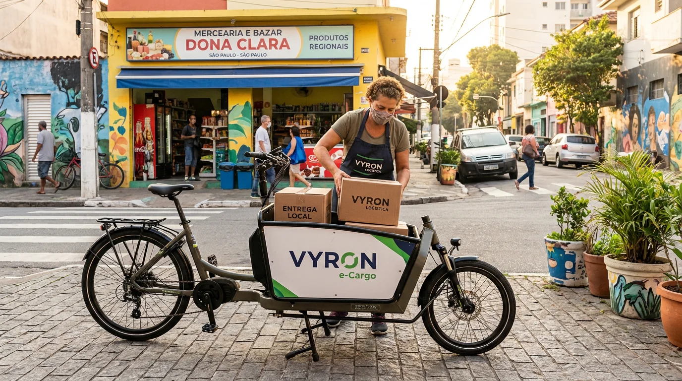 Empreendedor brasileiro carregando caixas em e-bike cargueira VYRON para entrega local