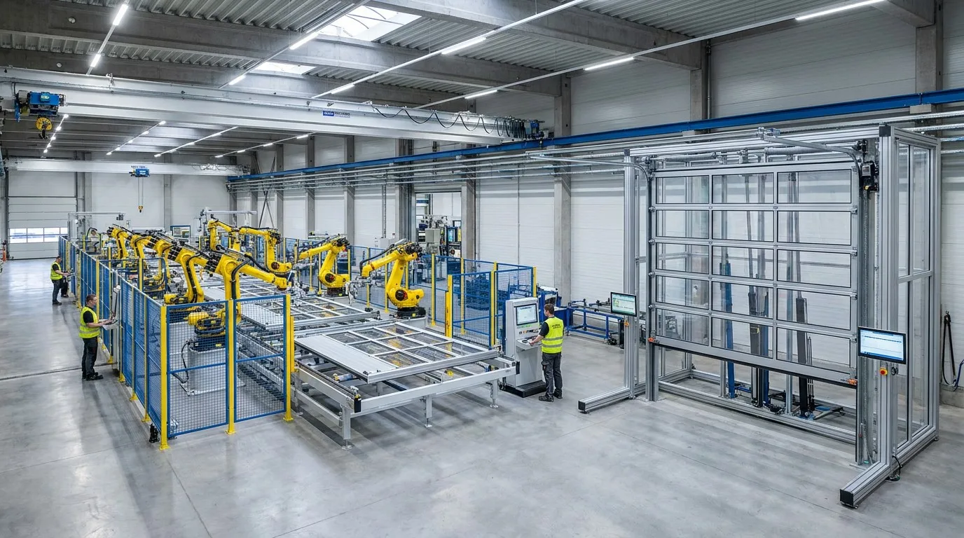 Richocean automated high-tech garage door production line with robotic assembly and quality testing