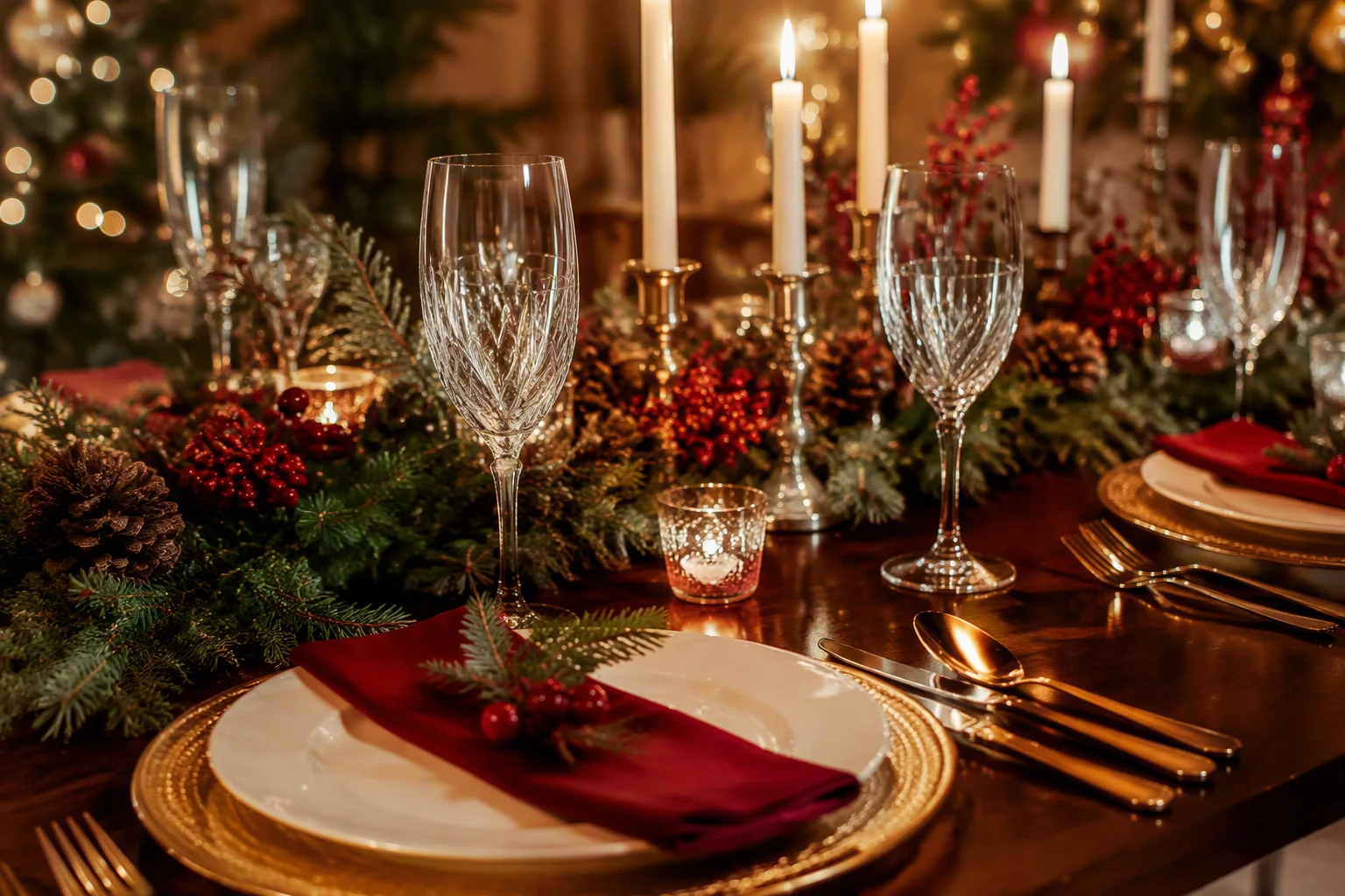 Elegant Christmas table with gold charger plates and festive centerpiece