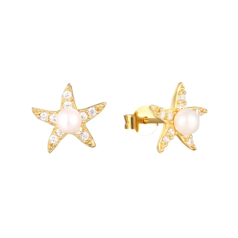 GRECIA Wholesale Ctue Sparkling 5A CZ Stone 925 Sterling Silver Pearl Star Starfish Stud Earring