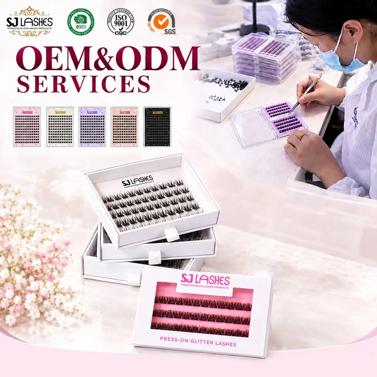 Lash factory workbench scene with a technician applying lash segments to cards by hand, stacked trays of segments, finished white boxes and a row of five printed card colourways - lash card OEM low MOQ