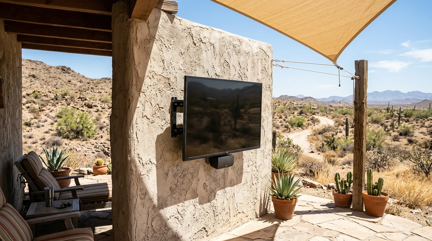 Outdoor TV in intense desert sun on a hot climate patio