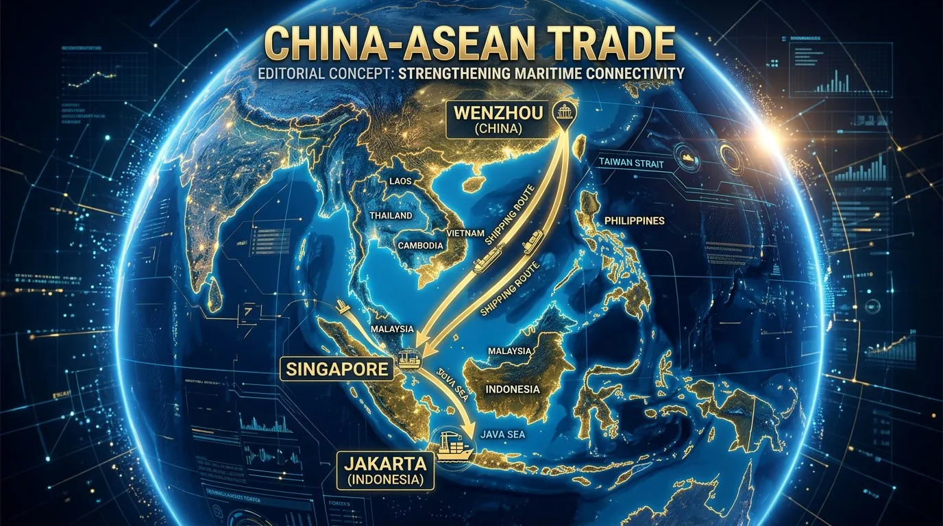 中国-东盟贸易示意图，展示温州与东南亚核心市场的物流航线连接