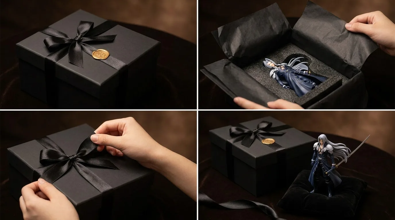 Premium anime collector gift unboxing with elegant black gift box and display figure