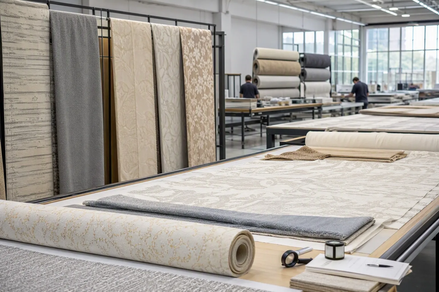 Textile factory finishing and fabric inspection workspace