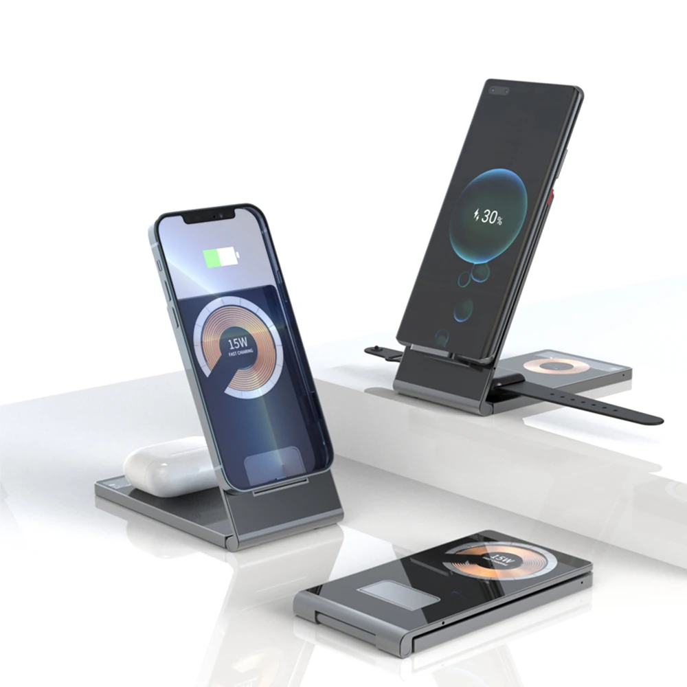 

Multifunctional Desktop Foldable 15w Fast Qi Wireless Charger 3 In 1 Wireless Charging Station