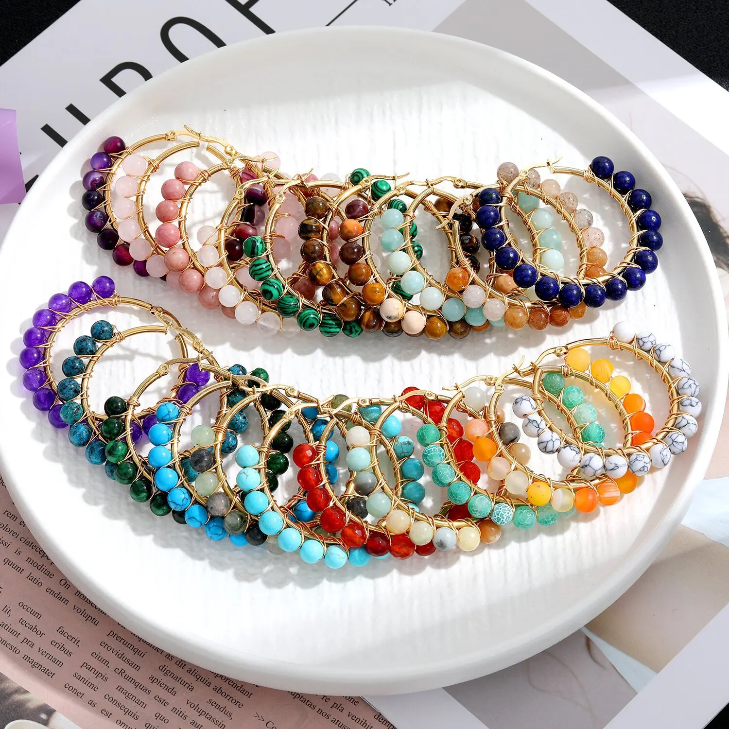 

Dainty Handmade Charm Beaded Earrings Colorful Natural Gemstone Temperament Bohemian Crystal Hoop Earrings for Women Girls