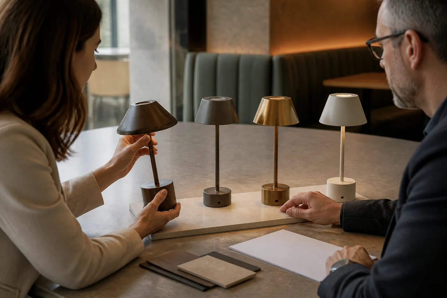 Buyer and supplier comparing cordless table lamp samples for a hospitality project