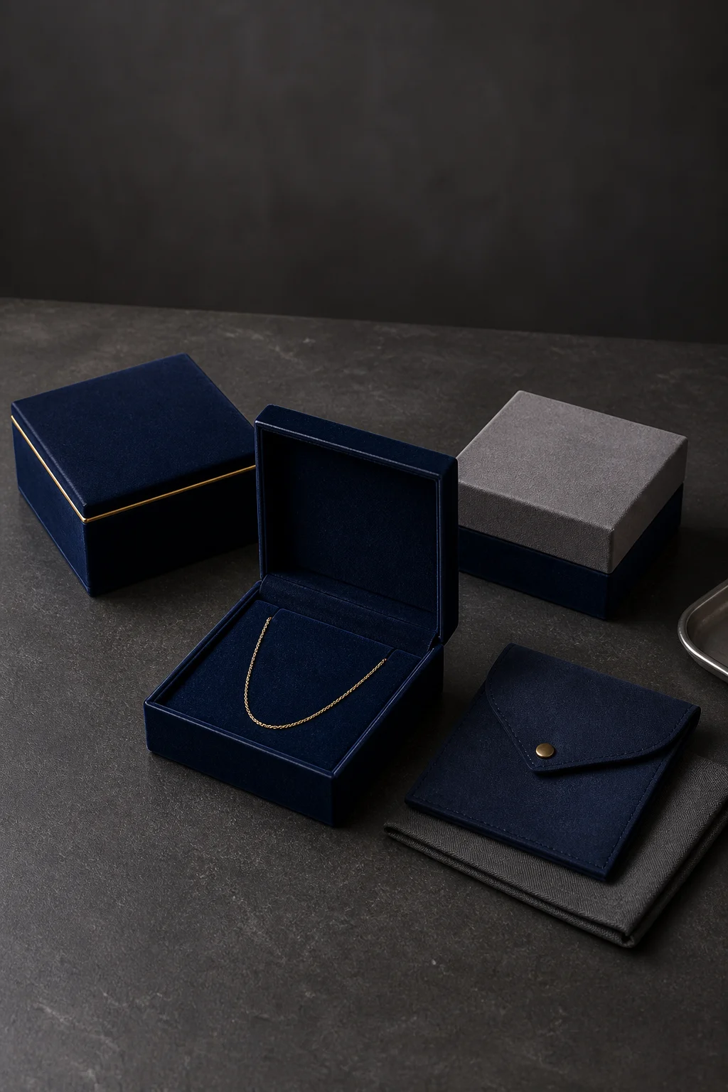 Navy blue jewelry packaging: a closed midnight navy velvet magnetic box with a gold trim line at the lid seam, the same box open showing a navy velvet insert holding a gold chain, a navy suede flap pouch with a matte gold snap, and a two-tone box with a grey lid on a navy base
