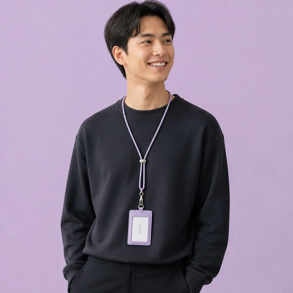 Male Model in Casual Tech Sweatshirt Wearing Braided Round Cord Lanyard
