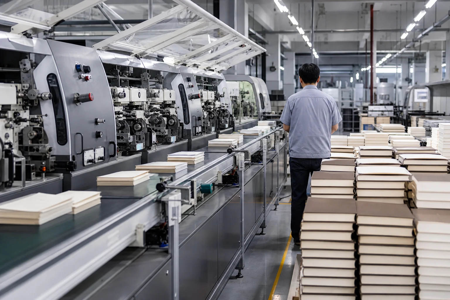 Book binding production line running at capacity - unit cost decreases with volume