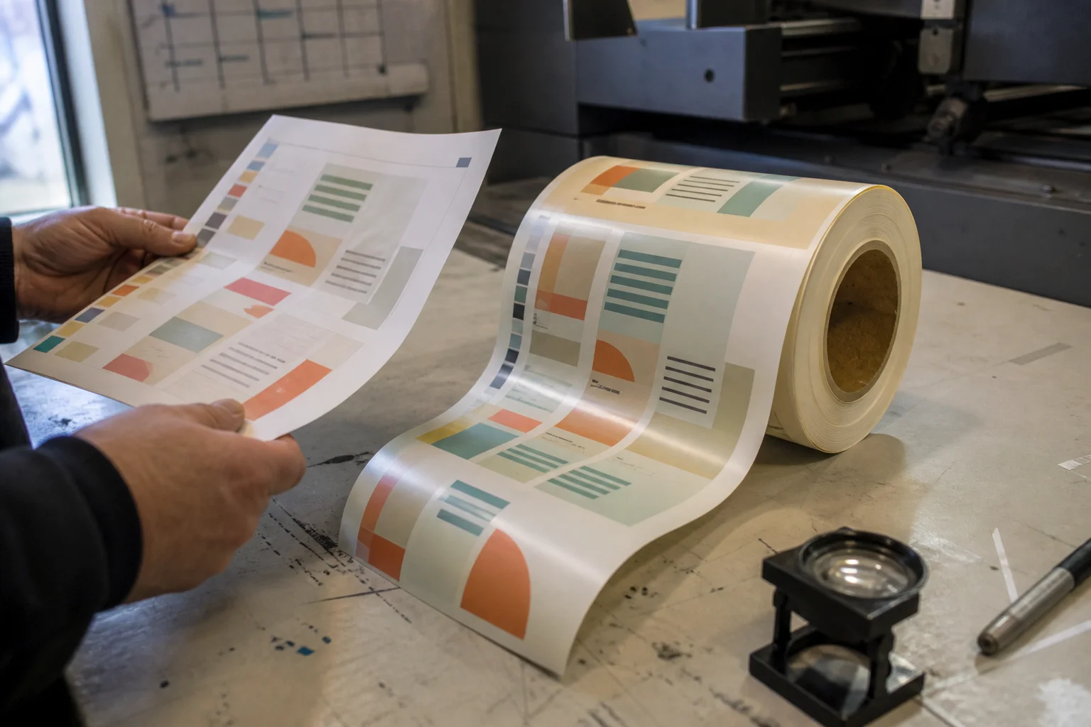 Press operator checking a printed roll of food labels against a specification sheet