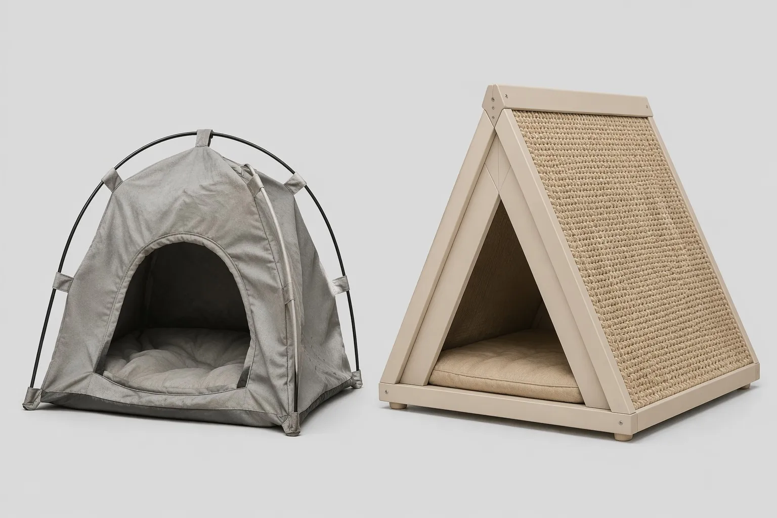 Side-by-side comparison illustration: a sagging fabric dome pet tent on the left versus a sturdy triangular A-frame sisal-roof pet tent on the right