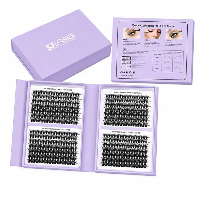 Purple bifold lash gift box opened flat showing two printed professional cluster lash panels, beside the instruction and lash mapping card - fold out lash box
