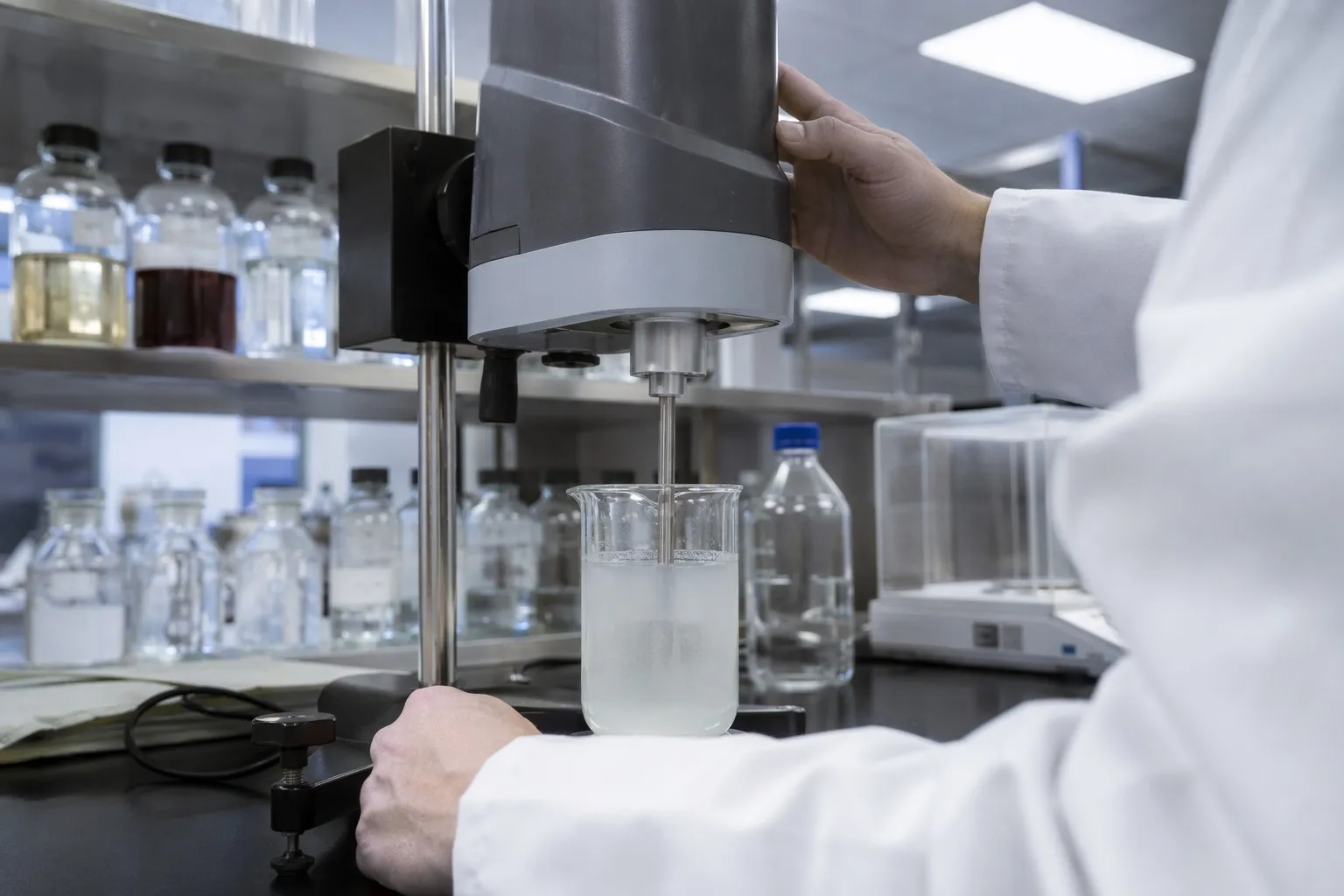 Brookfield viscometer measuring HPMC solution viscosity in real chemical laboratory