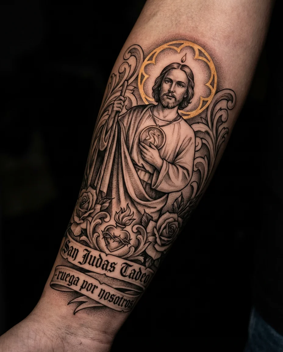Chicano San Judas tattoo with roses and flames