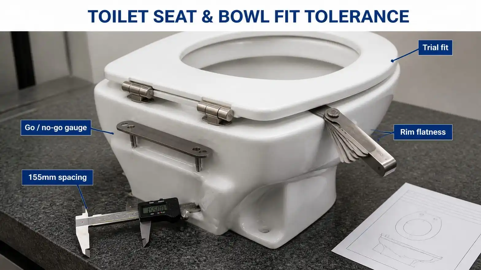 Toilet bowl and seat trial-fit on granite surface plate with digital caliper and two-pin hole spacing gauge