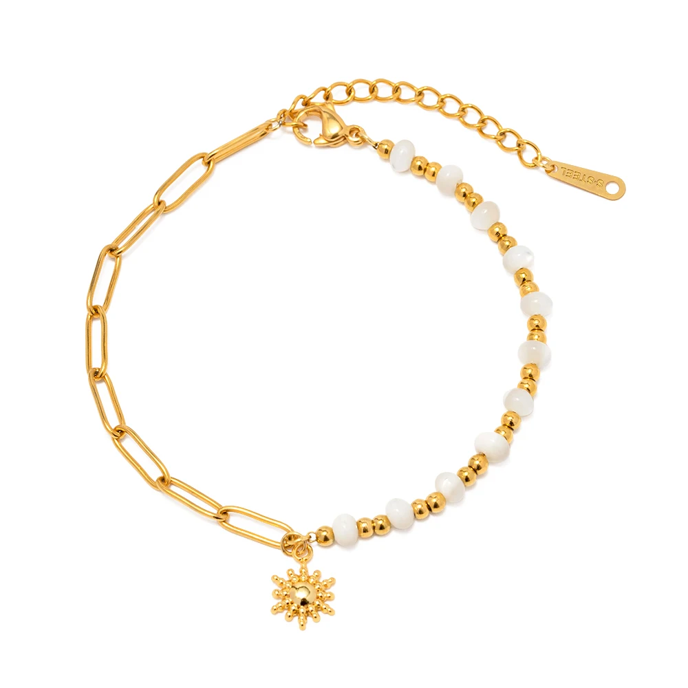 

New Design Sunflower Shell Beads Pendant Bracelet Stainless Steel Gold Plated Paperclip Chain