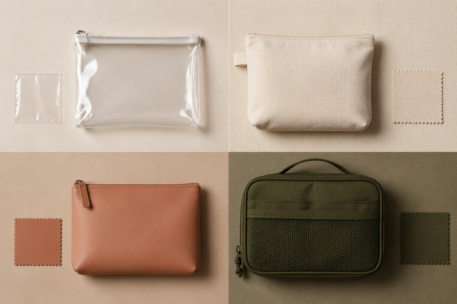 Unbranded transparent textile PU-style and structured cosmetic pouches arranged on a material comparison board