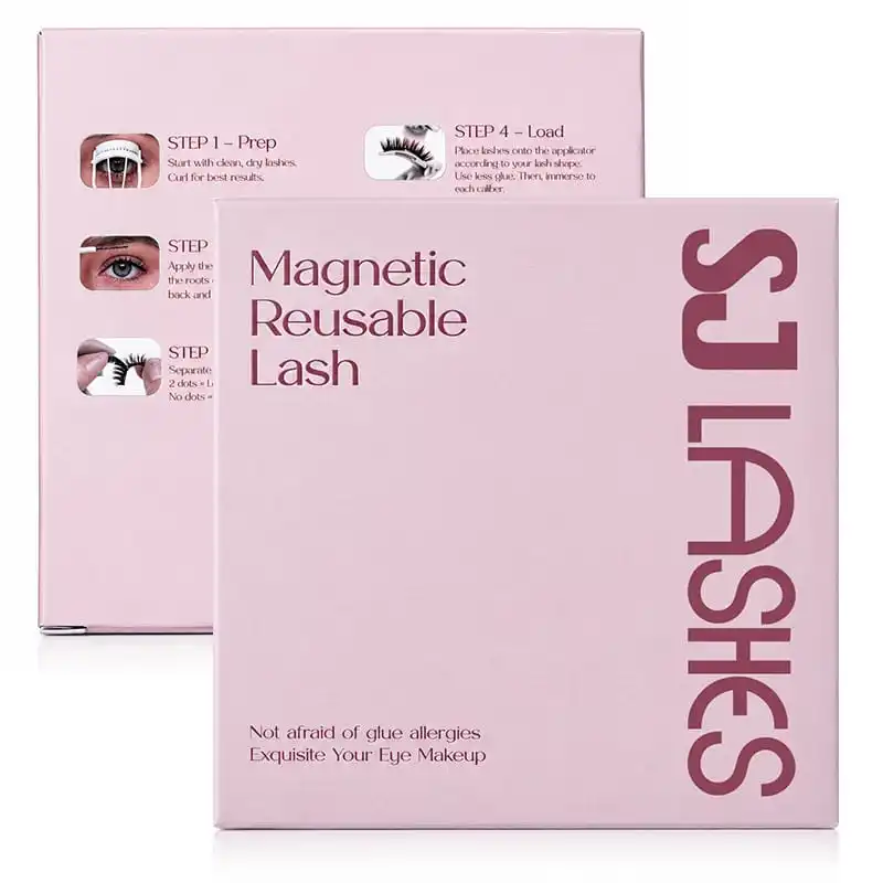 Pale pink magnetic reusable lash carton shown from the front and back with product name, vertical SJ LASHES wordmark and a four-step instruction block with photographs on the back panel - printed magnetic lash carton