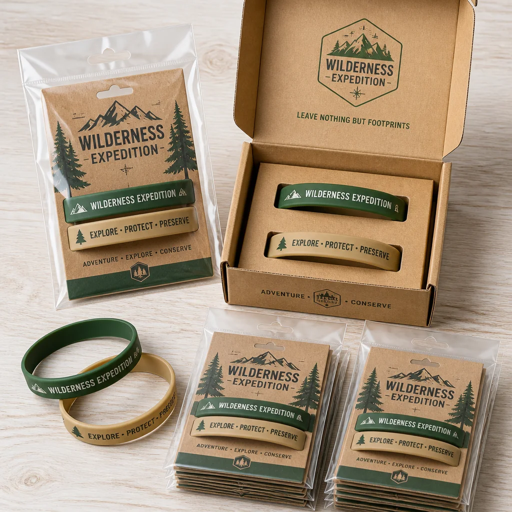 Individual clear OPP bag with custom rustic kraft backing card and gift box