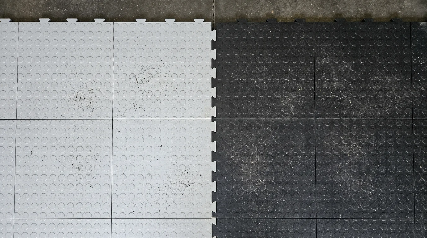 Light grey and charcoal garage floor tile colors compared side by side