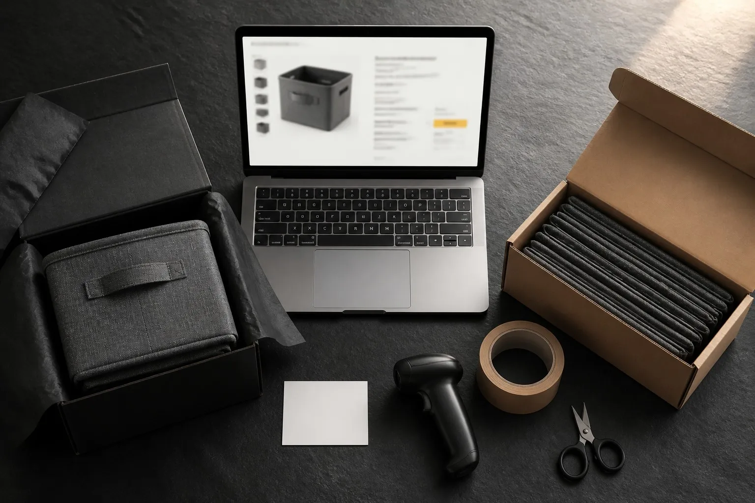 Packaging design workspace — Amazon listing, gift box, shipping carton, and FBA labels