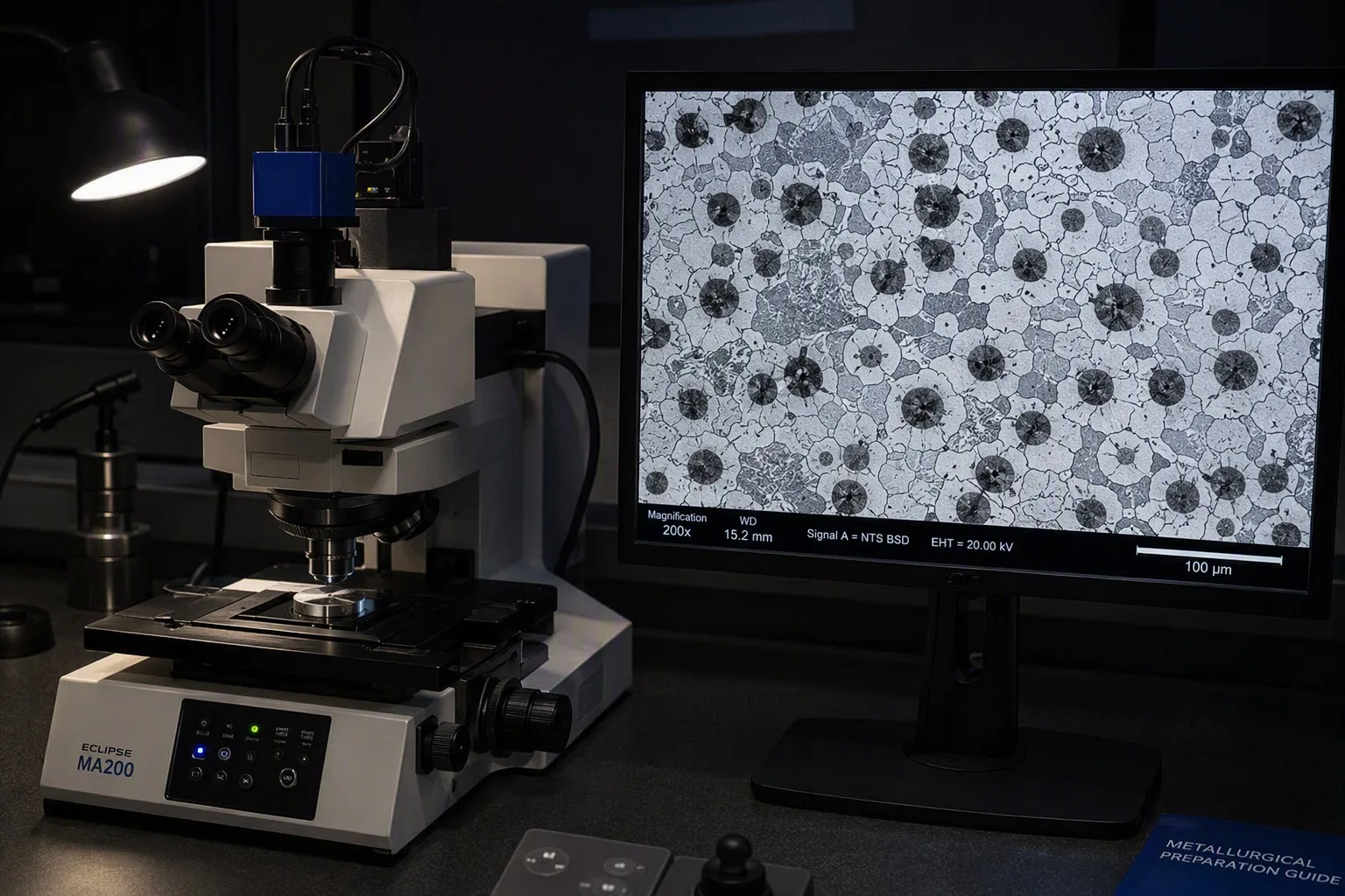 Metallographic microscope analyzing metal microstructure