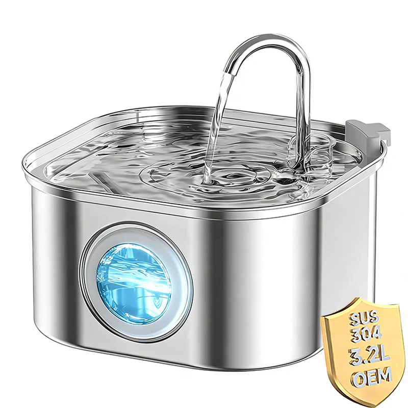 3.2L Cat Water Fountain Pet Water Fountain Stainless Steel Dog Water Dispenser Automatic Cat Fountain with Level Window for Cats