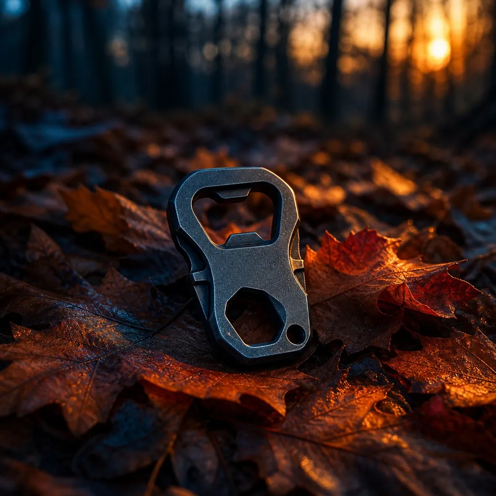 Gunmetal opener on autumn leaves forest floor