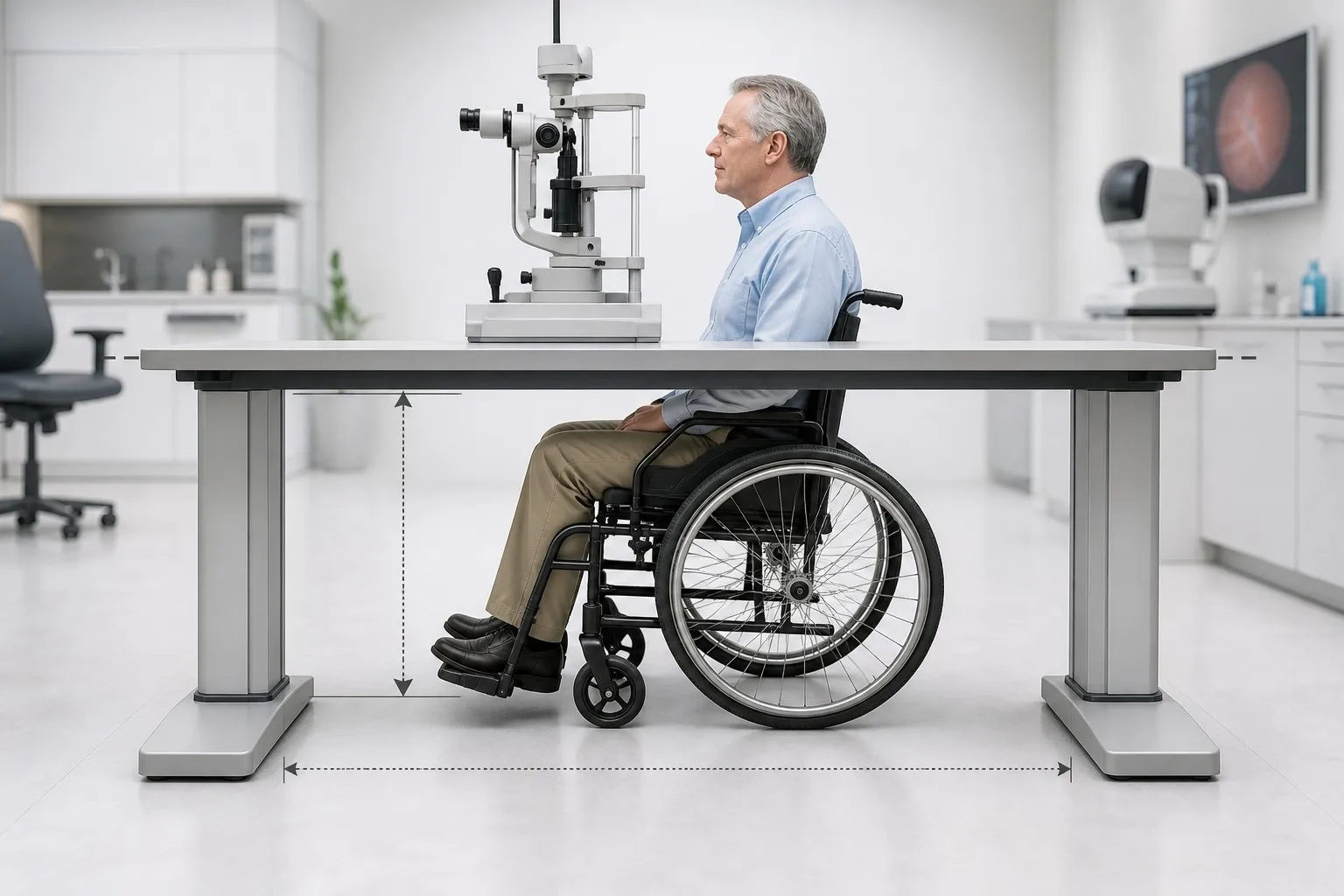 Wheelchair patient positioned directly under the ophthalmic examination table with open knee clearance - lift columns moved to the sides for unobstructed access.