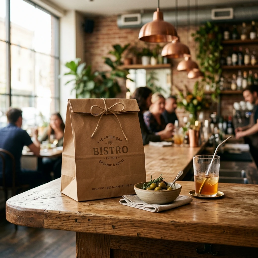 Brown Kraft Paper Bag in Sustainable Restaurant