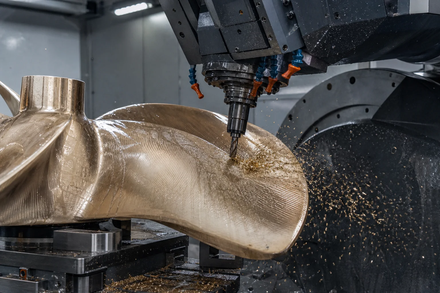 5-axis CNC gantry milling machine precision machining curved hydrofoil surface of marine propeller blade