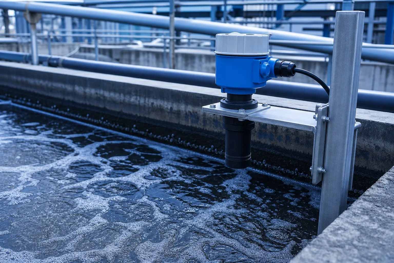 Ultrasonic level transmitter mounted above a wastewater treatment tank