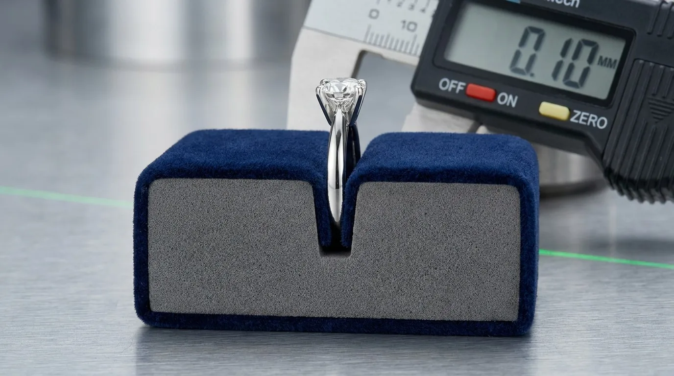 Macro technical shot showing the dual-density insert structure of a ring box slot being measured by a digital caliper.