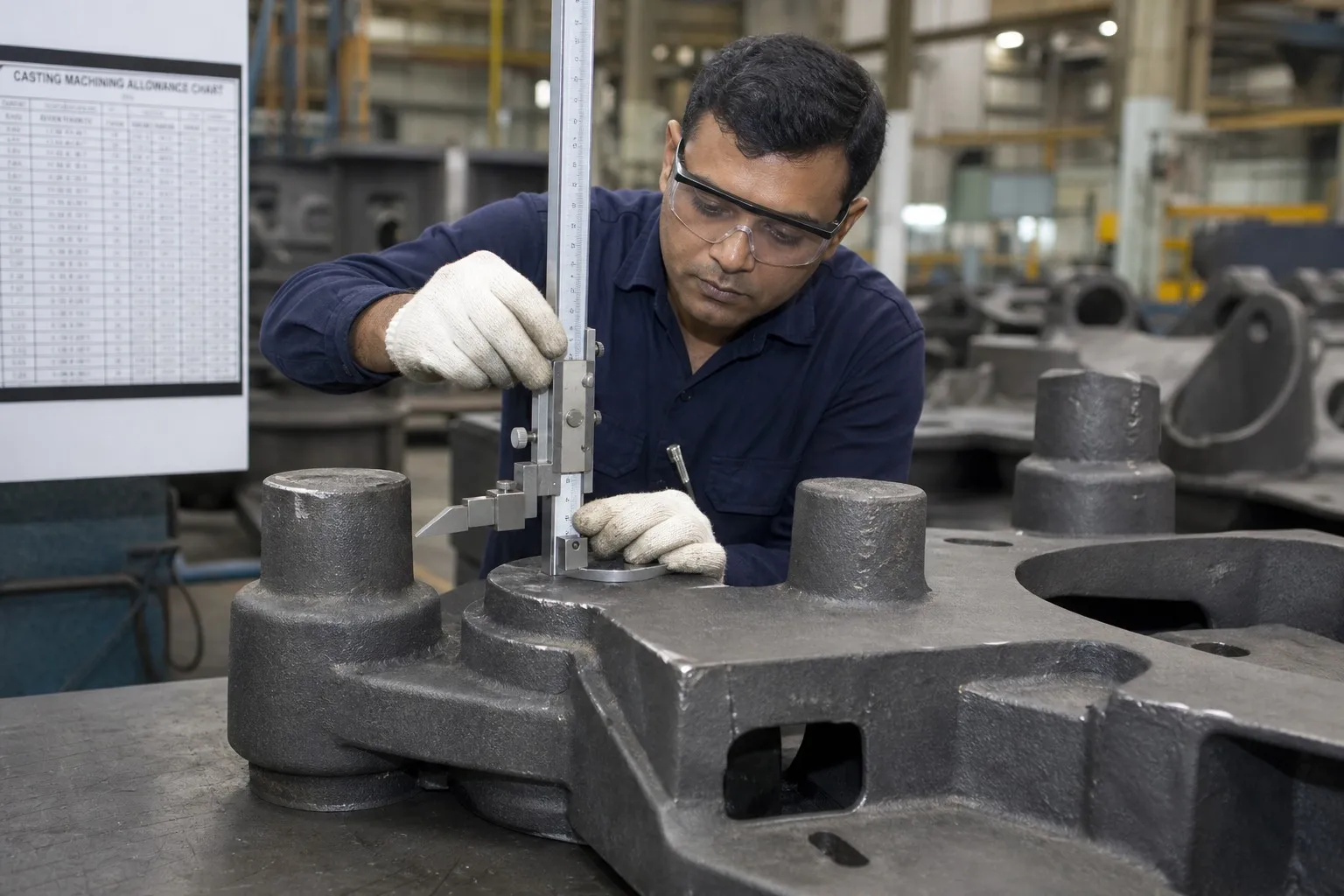 Inspector measuring machining allowance on raw steel casting