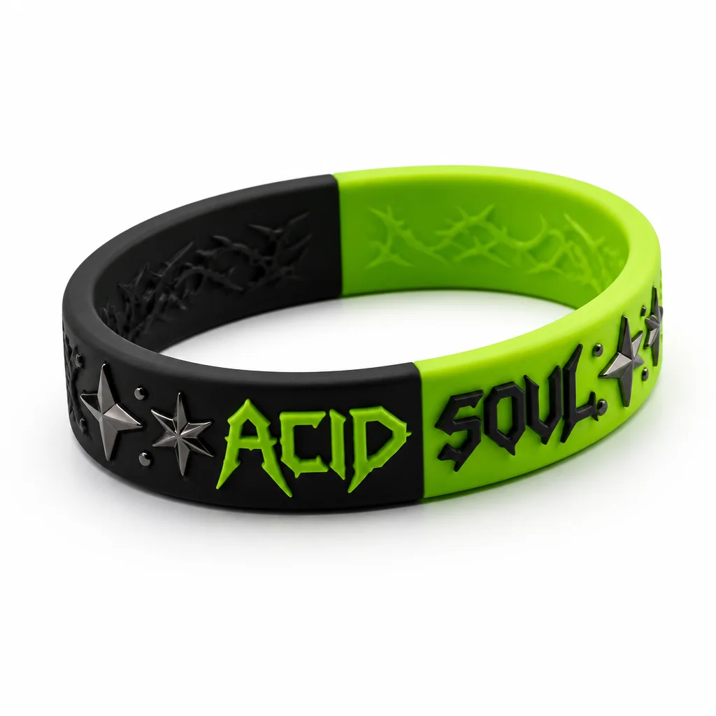 Custom avant-garde Y2K streetwear silicone wristband hero white background