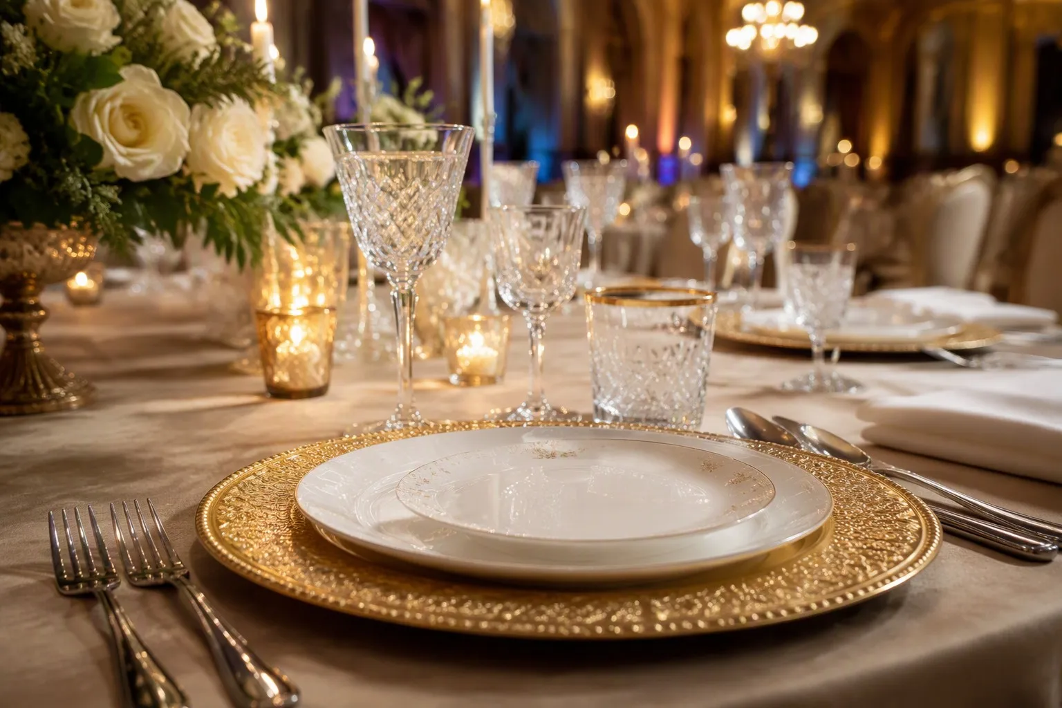 Elegant banquet table place setting with gold charger plate crystal glassware and candlelight