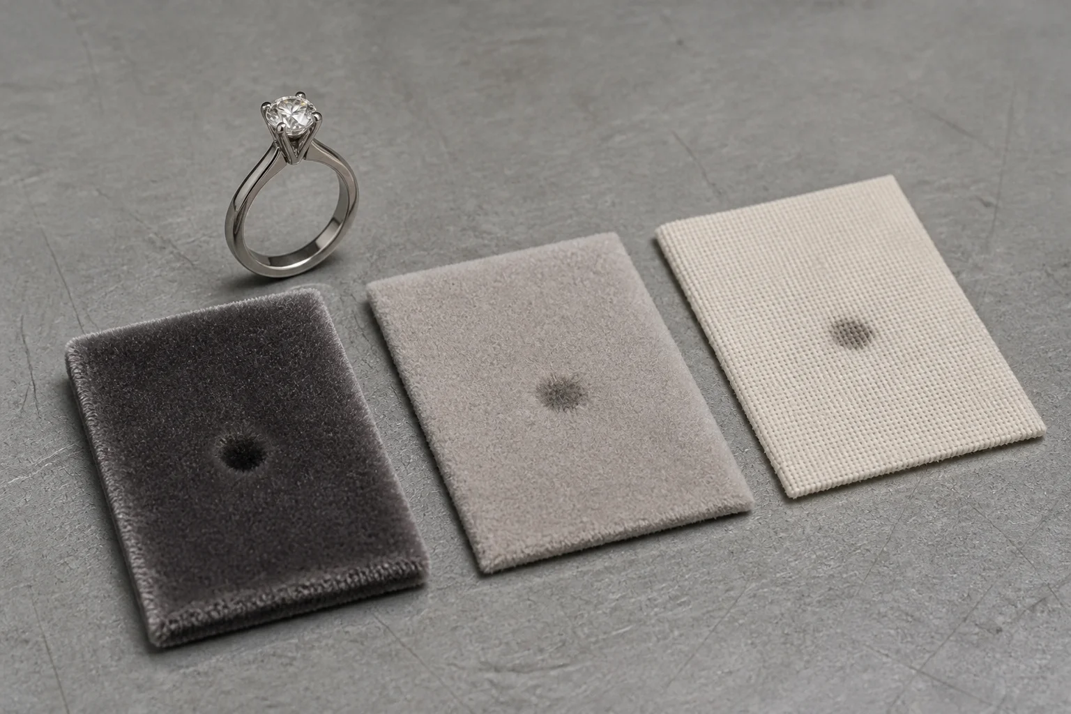 A diamond solitaire ring standing upright on a grey workshop bench beside three interior material swatches — a deep raised-pile velvet in charcoal, a shorter flocked face in stone grey and a flat woven face in cream — each carrying a single small dark contact mark where a stone has repeatedly rested
