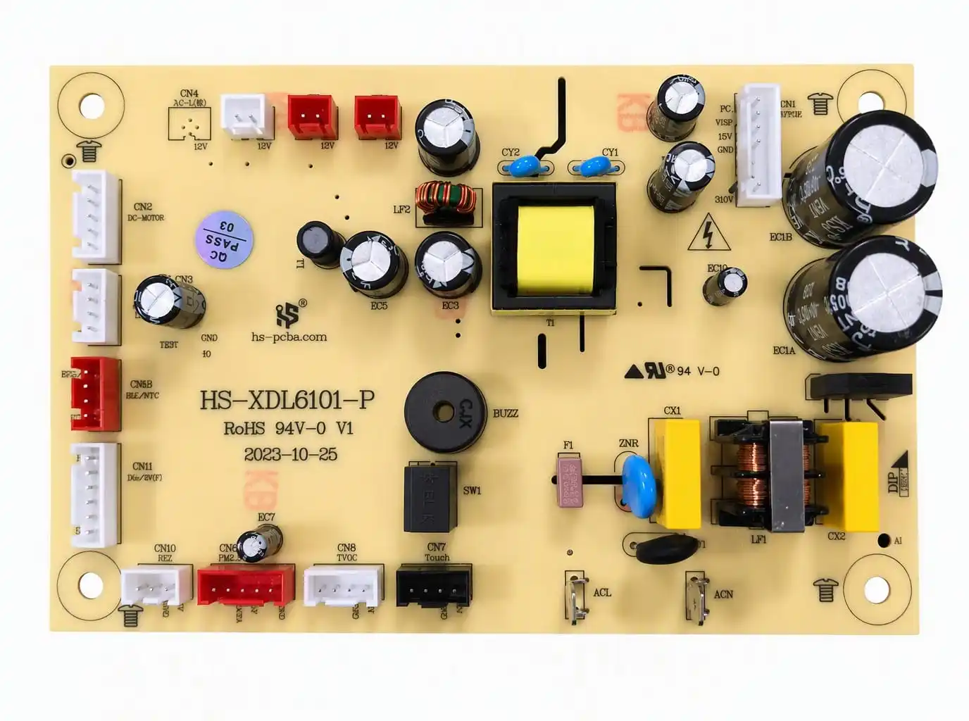 Yellow air purifier control board with touch, PM2.5 and TVOC sensor connectors and five-speed fan section