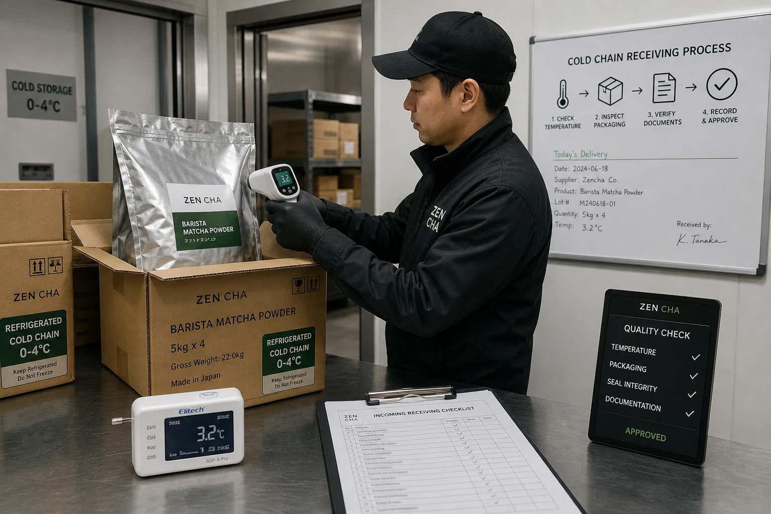 Bubble tea operations manager measuring incoming bulk matcha receiving temperature with infrared thermometer reading 3.2C
