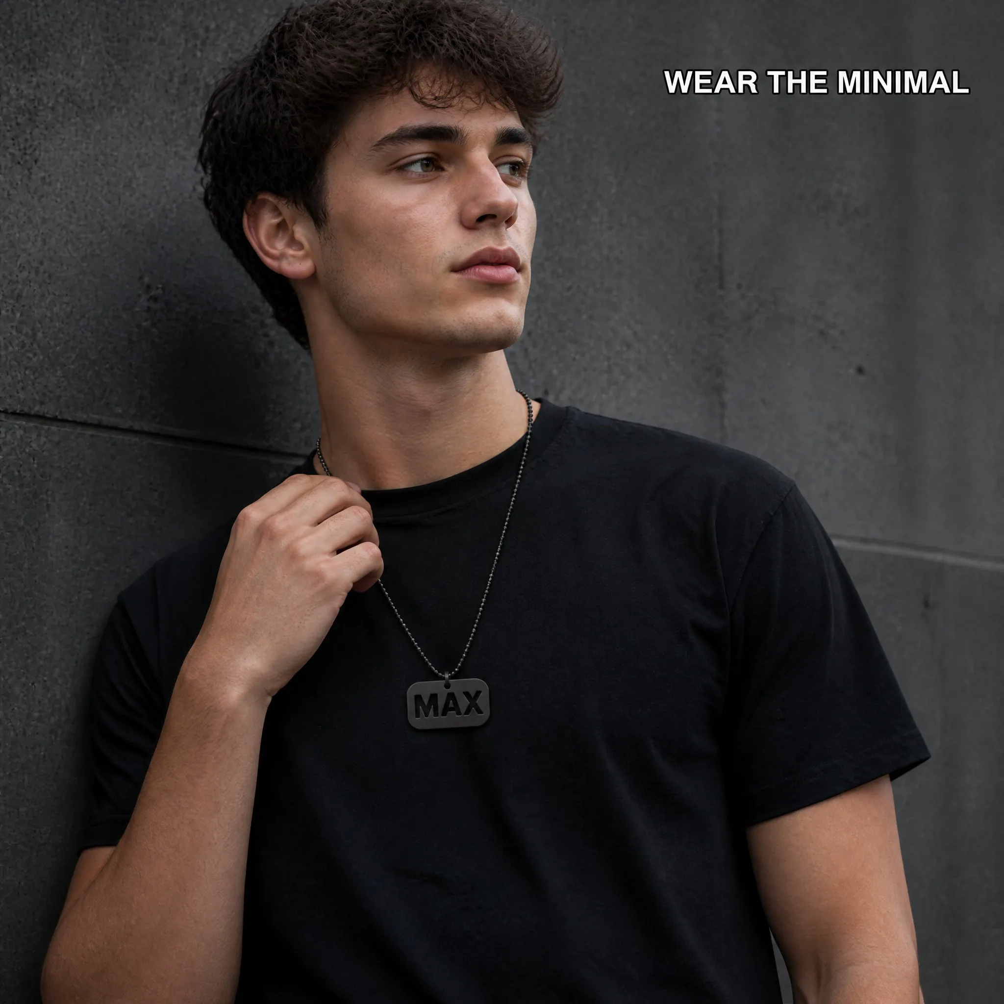 Young man wearing the laser cut dog tag as a necklace - street style