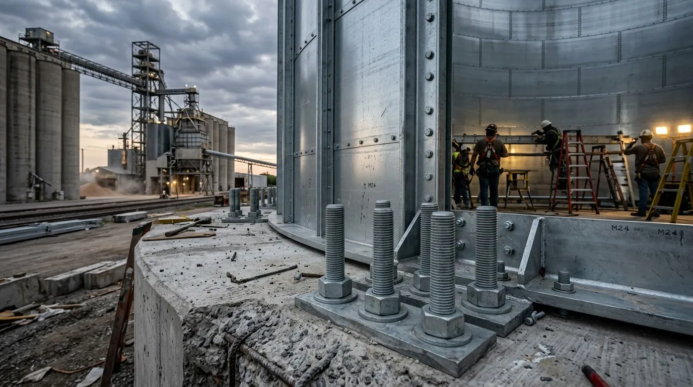 Heavy-Duty Steel Grain Silo Anchoring System and Foundation Engineering