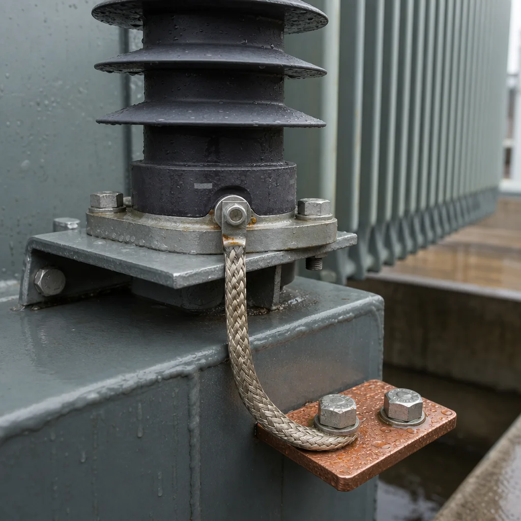 surge arrester MCOV installation detail — short ground lead terminations on an oil-immersed transformer tank