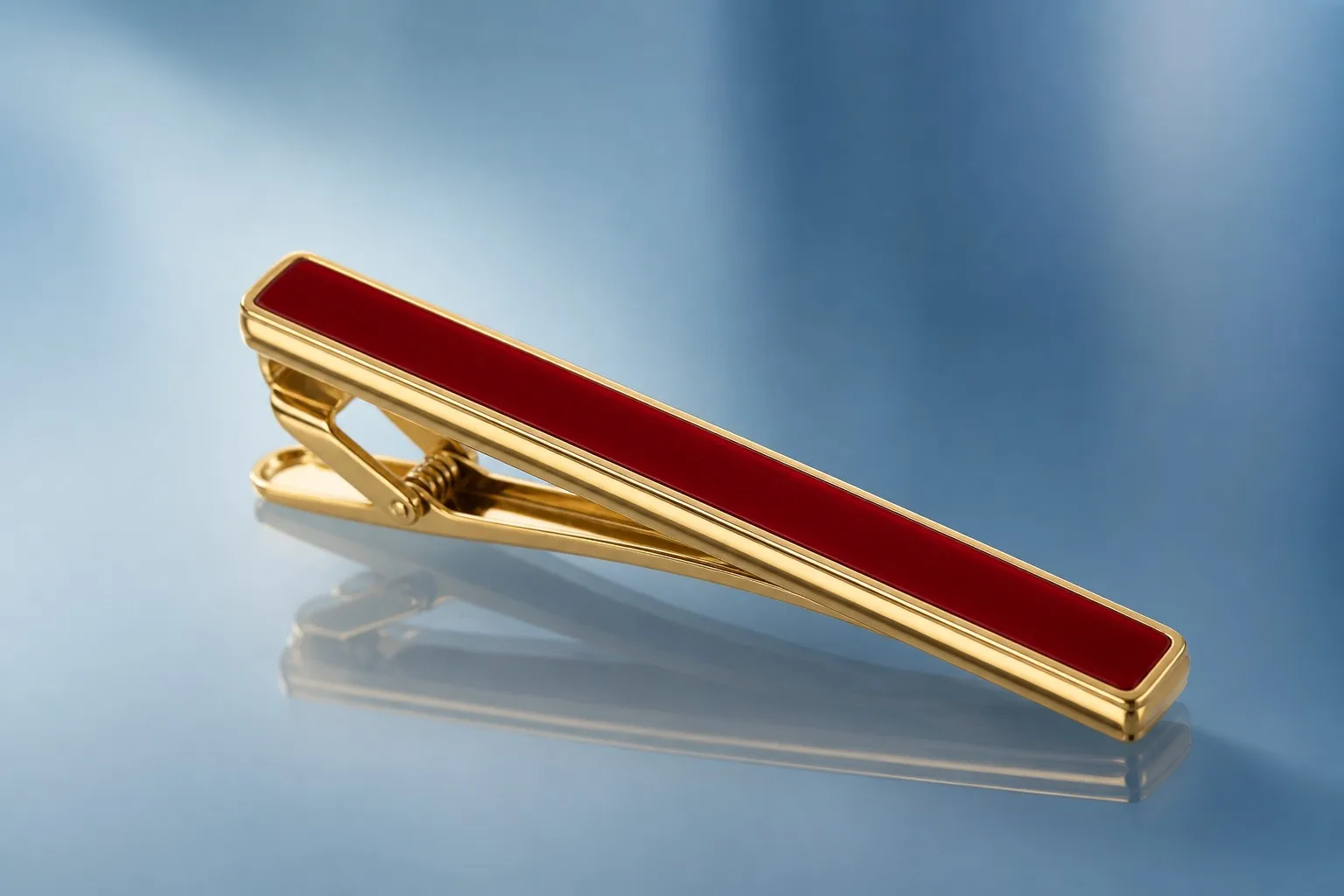Custom hard enamel tie clip with wine-red enamel and polished gold-tone frame