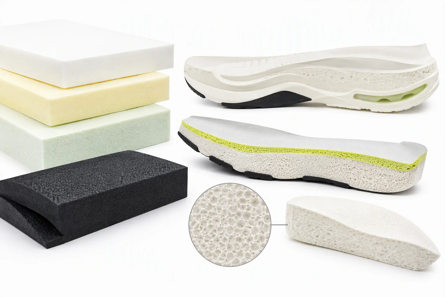 FOOTWEAR FOAM SUPERCRITICAL EVA MIDSOLE FOAM COMPONENTS AND CUSHIONING SLABS