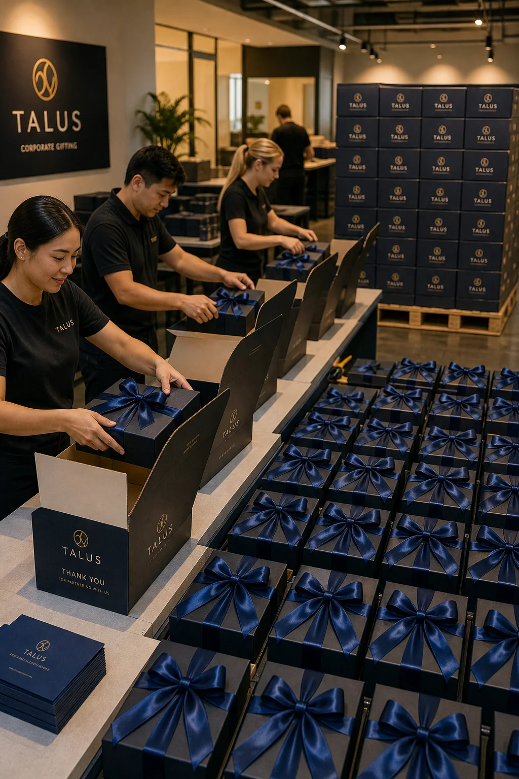 Corporate gift assembly line with consistent deep navy ribbon bows across entire batch