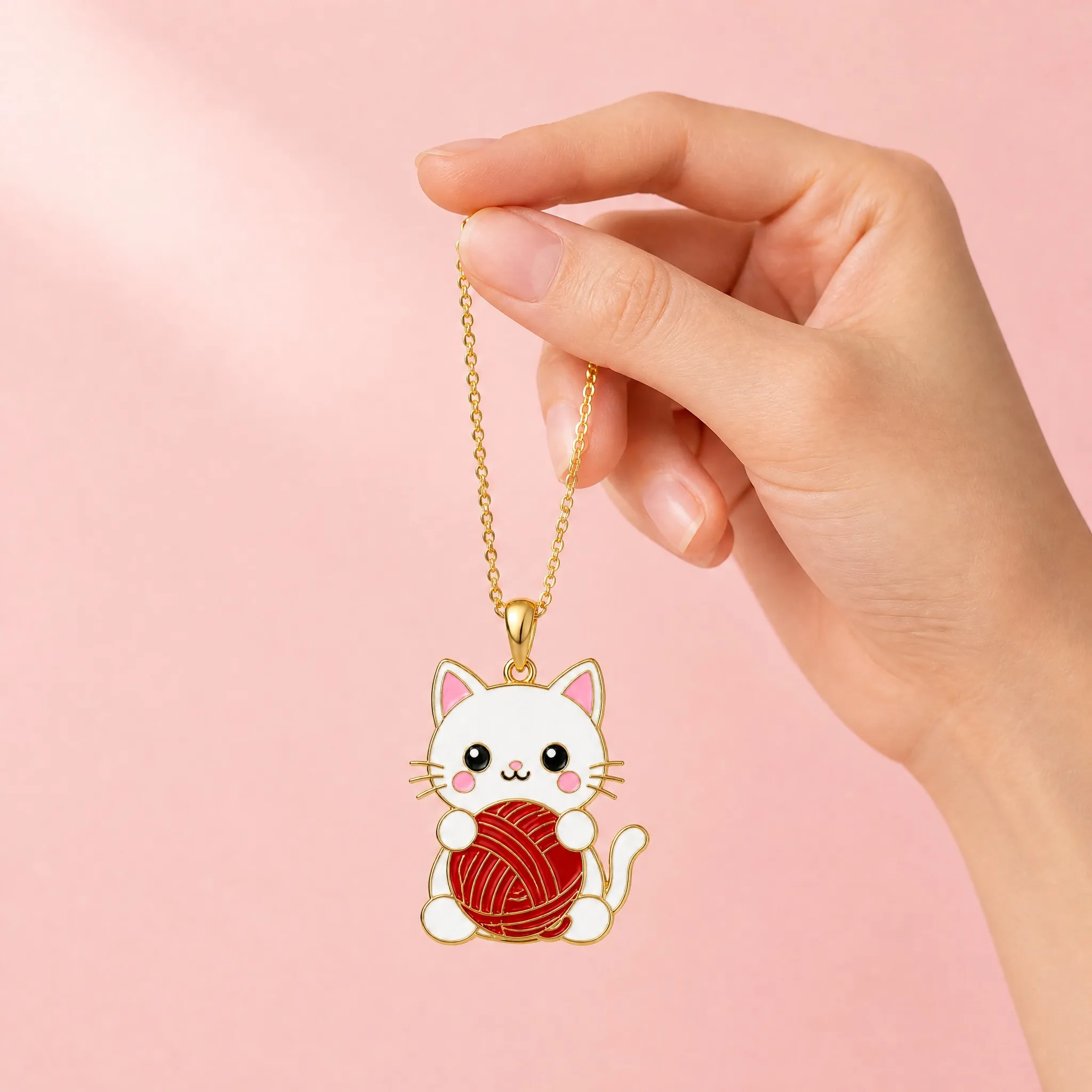 Hand holding the cat pendant necklace with pink background