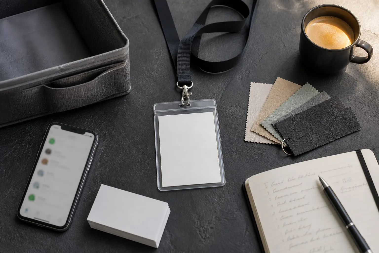 Trade show sourcing workspace — badge, business cards, WeChat, notebook, fabric samples, storage bag