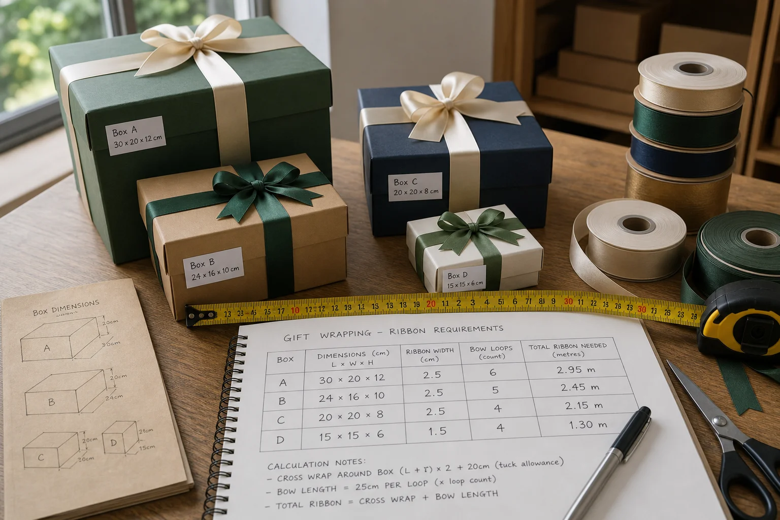 Gift wrapping calculation worksheet with ribbon rolls and boxes